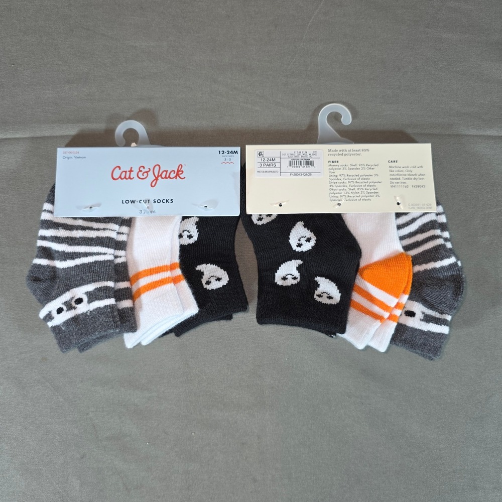 Cat & Jack Toddler Halloween Low Cut Socks 3 Pairs Ghost Mummy 12-24M Shoe 3-5